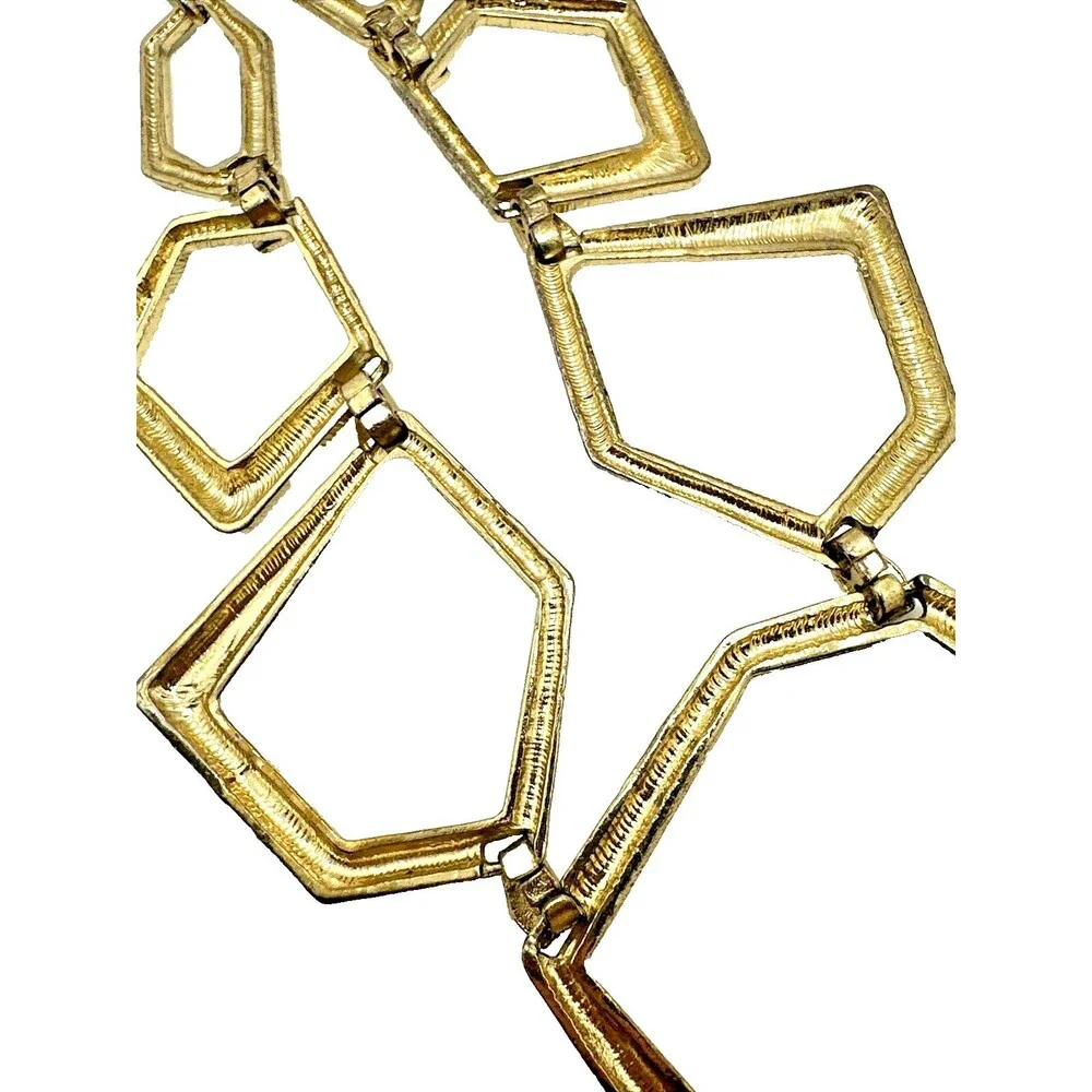 Geometric Link Bib Necklace Textured Gold Tone Modernist Statement 16